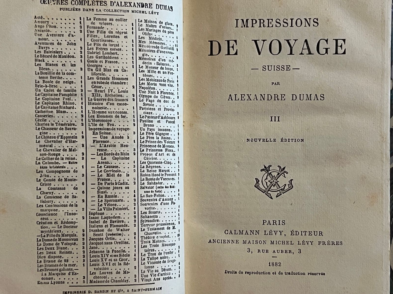 Impressions de Voyage - Suisse - Alexandre Dumas - 1881 | Exemplaire de la nouvelle édition de 1881, recherchée par les collectionneurs pour sa qualité d'impression et sa mise en page soignée | Aufildeslivres.fr